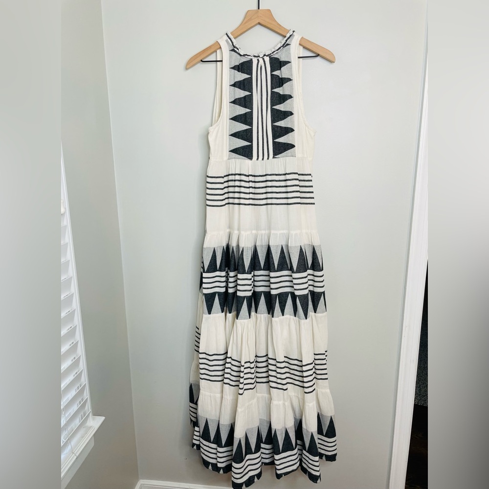 Pearl & Caviar Luxury Resort Wear Black and White Geometric Maxi Dress